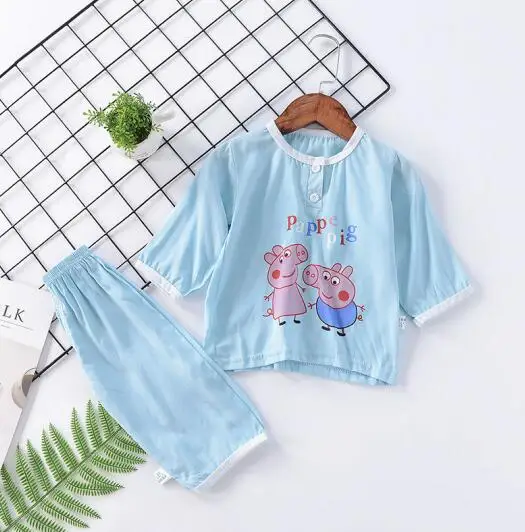 Детские пижамы комплект мультфильм три четверти топ+ Подрезанные штаны комплект из двух предметов пижамы Летние пижамы ночное белье Детские пижамы - Цвет: blue pig
