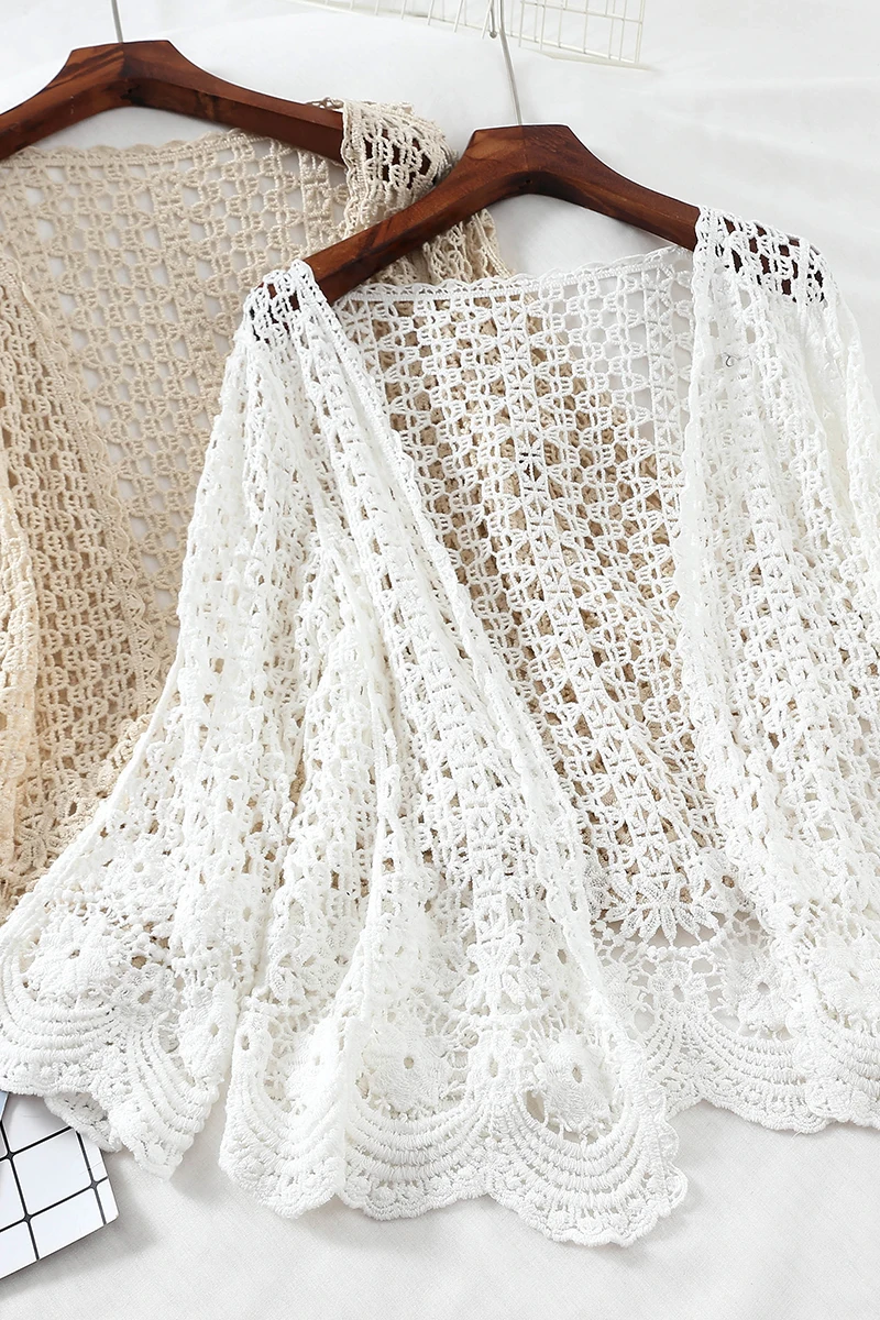 Open Lace Cardigan Crocheted Hollow Out Shrug Female Casual White Flower Floral Open Stitch Women Sweater Loose Knitted Outwear
