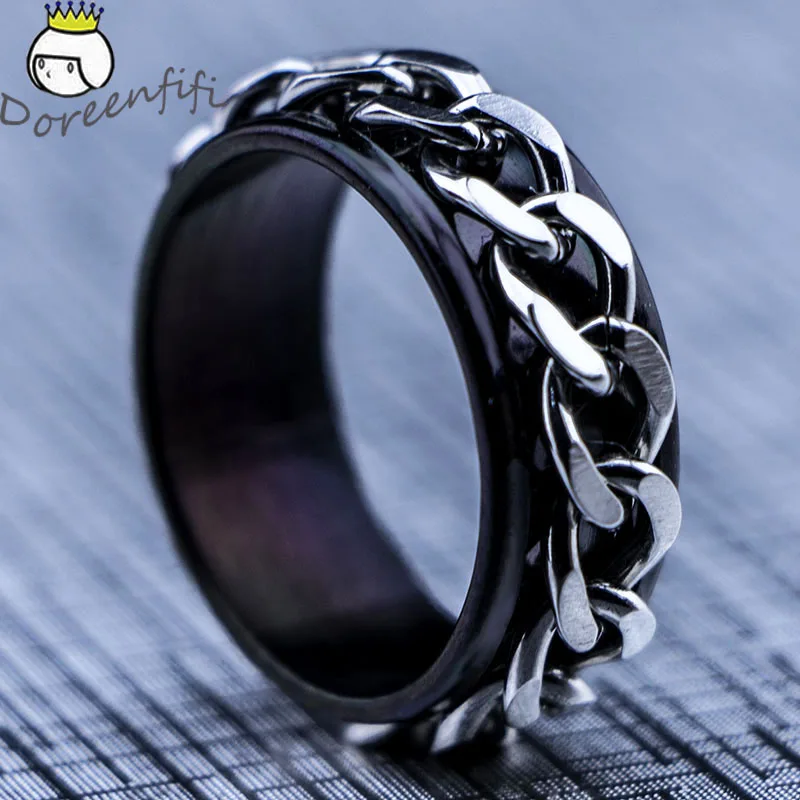 

New Titanium Steel Black 8m Ring Rotating Chain Men's Ring Punk Jewelry All Size 7 8 9 10 11 Anel masculino Anneau Anello Anilo