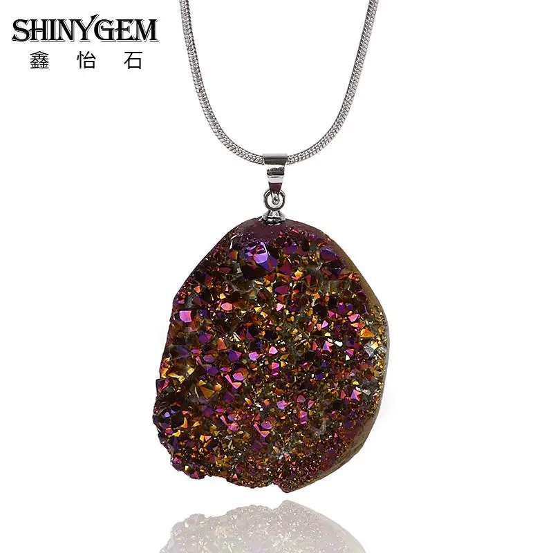 SHINYGEM модное ожерелье из природных кристаллов многоцветное ожерелье с кулоном из натурального Друза с искусственным кварцем для женщин - Окраска металла: Purple