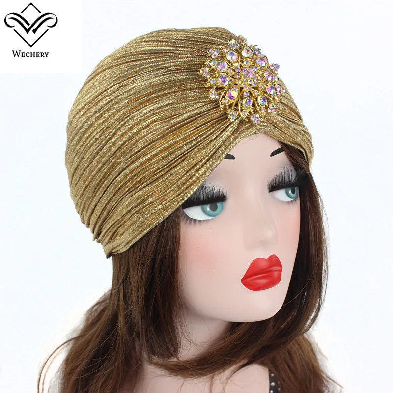 

Wechery Women's Cap Arab Qatar Saudi Muslim Style Hat for Women Jewelry Decorated Pleated Beanie Black Silver Gold