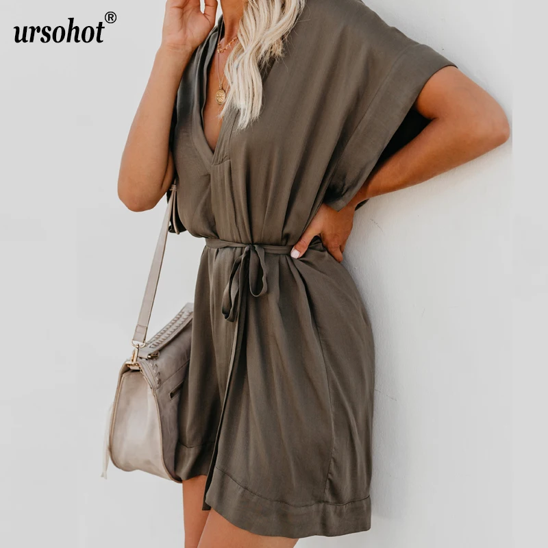Ursohot/летнее модное хлопковое мини платье с v образным вырезом высокой талией