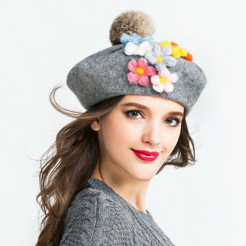 

Winter Warm Wool Women's Top Fur Ball pom poms Beret Hat For Laday Artist Embroidery Cap with Handwork Flower beanie hats 20