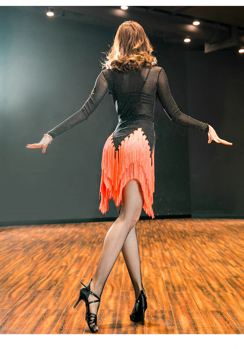 Латинское танцевальное платье женское сексуальное платье с кисточками и длинным рукавом для румбы ча-ча танец самба платья леди тренировочное танцевальное платье костюм DWY1229