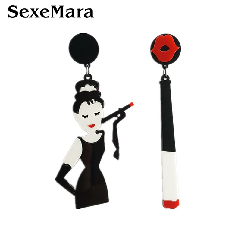

SexeMara Acrylic Sexy Woman Smoking Ear Stud Asymmetric Cartoon Resin Earrings For Girls Party Gift Jewelry