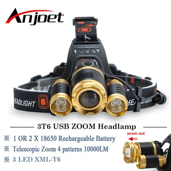 

Anjoet 3LED Headlamp 10000LM 3T6 Chips Headlight Rechargeable Zoom Head Light Flashlight Hunting 18650 Battery USB Charger