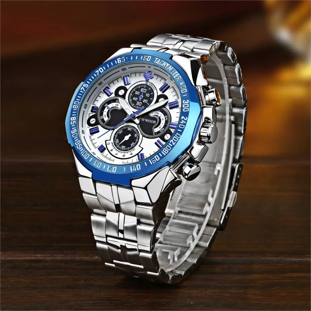 

WWOOR 2020 New Fashion Mens Watches with Stainless Steel Top Brand Luxury Sports Chronograph Quartz Watch Men Relogio Masculino