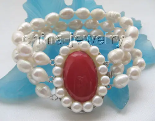 

FREE SHIPPING HOT sell new Style >>>> Beautiful 3row 8" 10-12mm natural white baroque freshwater pearl bracelet-red