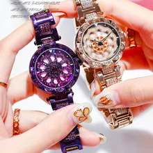 Роскошные женские часы со стразами с цветком Женские кварцевые наручные часы с циферблатом женские вращающиеся часы relogio femino женские часы