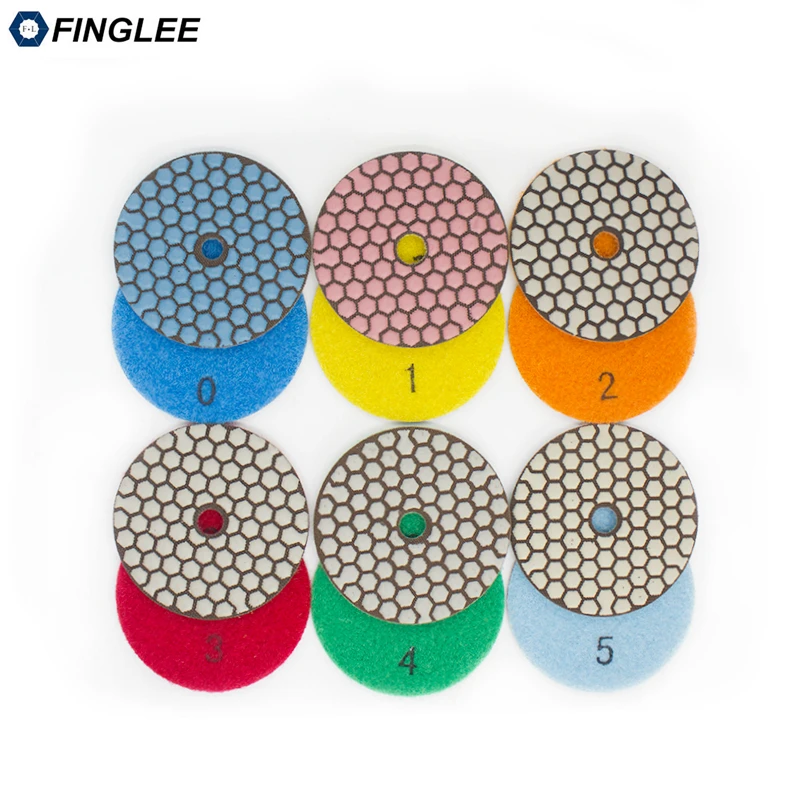 FINGLEE 6Pcs 4 Inches Dry Diamond Polishing Pads 5 Steps Granite Marble Quartz Stone Restoration Resin Flexible Buff Tool finglee 4pcs 3 4 5 6mm hss countersink power tool drill bits set 5 flutes woodworking chamfer countersinks bit reamer