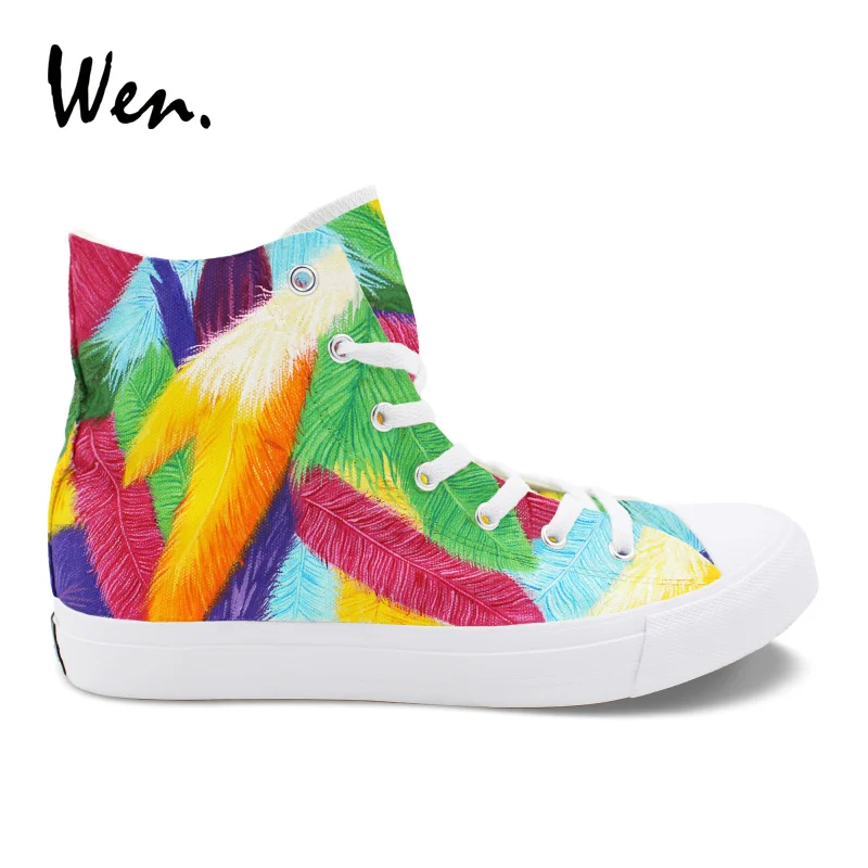 Wen Design Custom Bright Colourful Feathers Hand Painted High Top Sneakers Canvas Shoes Women Athletic Shoes Plimsolls Men