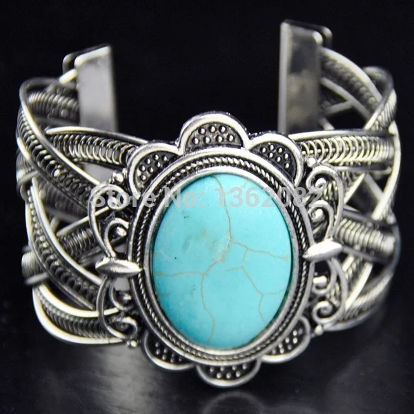 Retro Style Tibetan Silver Big Oval Natural Stone Flower Stone Cuff