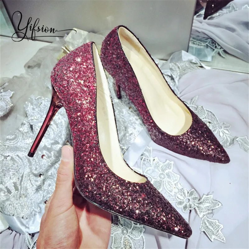 

OLOME New Spring Summer Blingbling Surface Women Pumps Sexy Pointed Toe Slip On Thin High Heel Pumps Party Shoes Woman