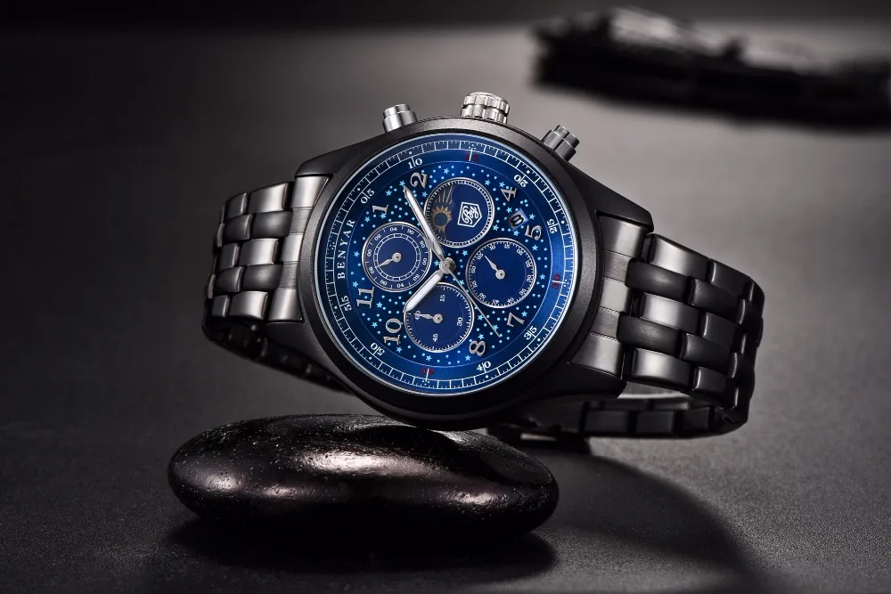 BENYAR Moon Phase хронограф часы Мужские кварцевые часы с черным циферблатом мужские спортивные военные наручные часы Мужские часы Montre Homme