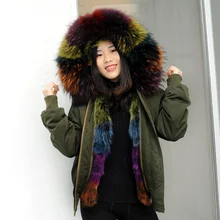 CX-G-P-19M, новое дизайнерское зимнее пальто, смешанные цвета, большой воротник из меха енота, внутренняя парка из искусственного меха, куртка-бомбер, женская зимняя куртка