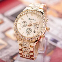 Часы Для женщин модные Элитный бренд Наручные Часы Relogio Feminino женские золотые кварцевые часы, Женева Повседневное с украшением в виде кристаллов со стразами Q5