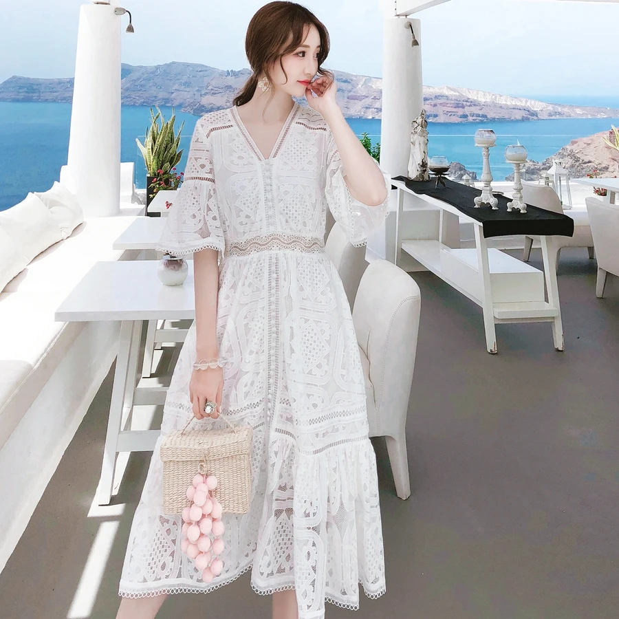 

YOSIMI 2019 Summer Women Dress Midi Vintage Lace V-neck Short Sleeve Mid-calf Long Dress Beige Tunic Slim Party Female Vestido
