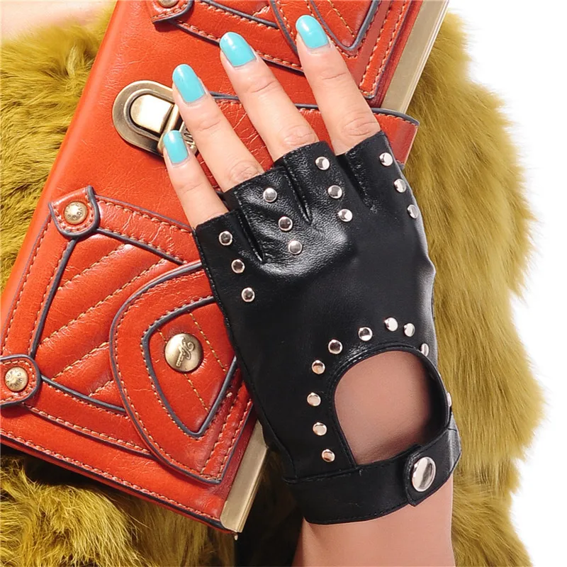 

Women Gloves Punk Rivets Half Finger Genuine Leather Glove Dance Driving Semi-Finger Short Style Free Shipping XHG-5