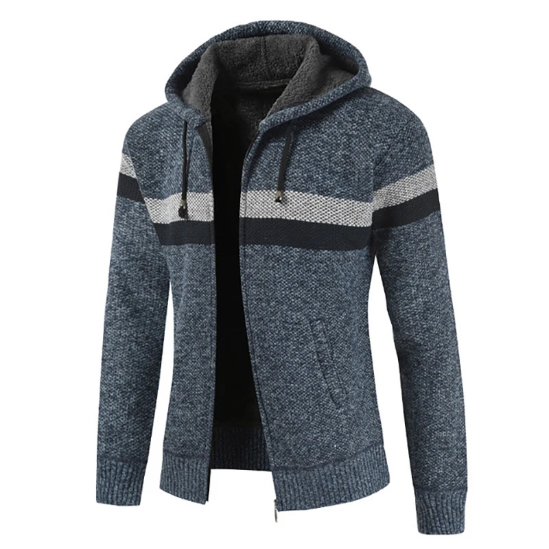 2019 Winter Men Sweater Men's Cardigan Sweater Striped Plus Velvet Thickening Hooded Men's Tide Distressed Sweater Long Sleeve
