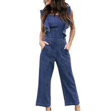 Модный женский джинсовый длинный зимний комбинезон без рукавов женские комбинезоны джинсы бандажные оборки с открытой спиной Длинный комбинезон#2
