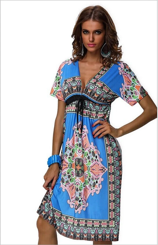 2017 New Summer V Neck Woman Bohemian Print Long skirt beach dress HH