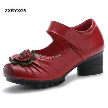 

ZXRYXGS Brand Shoes Woman Casual Shoes 2019 New Spring Retro Flower Genuine Leather Shoes Non-slip Comfort Women High Heel Shoes