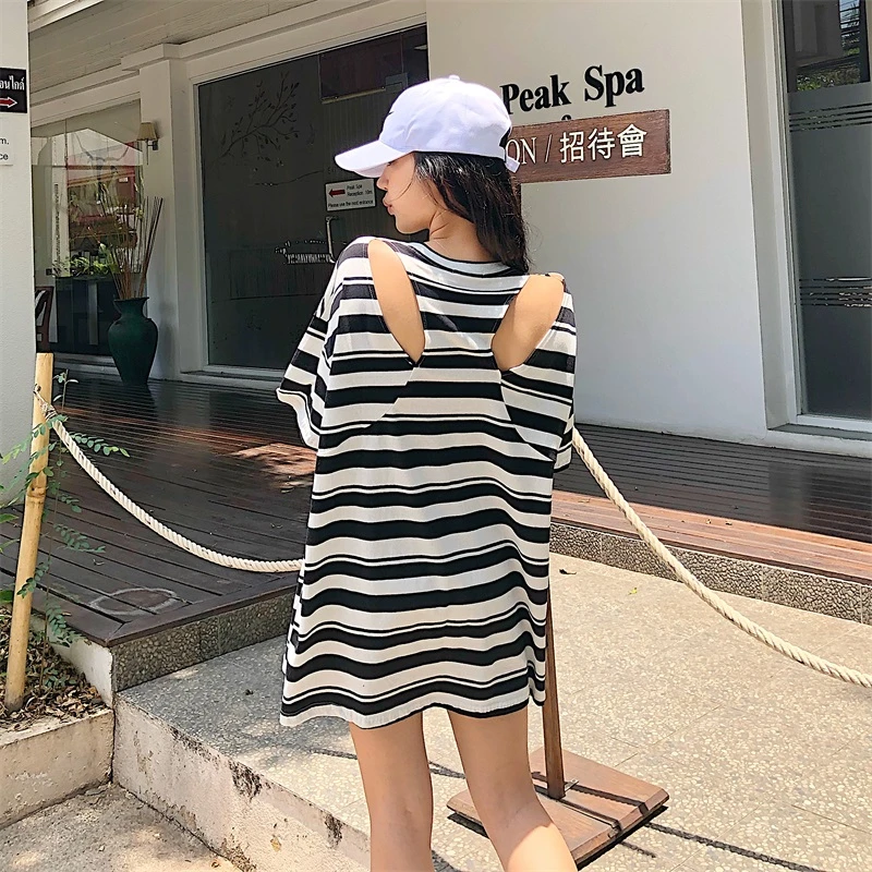 Camiseta de mujer 2019 nueva ola moda coreana espalda hueca a rayas Casual suelta largo de manga corta Camisetas De mujer|Camisetas| - AliExpress