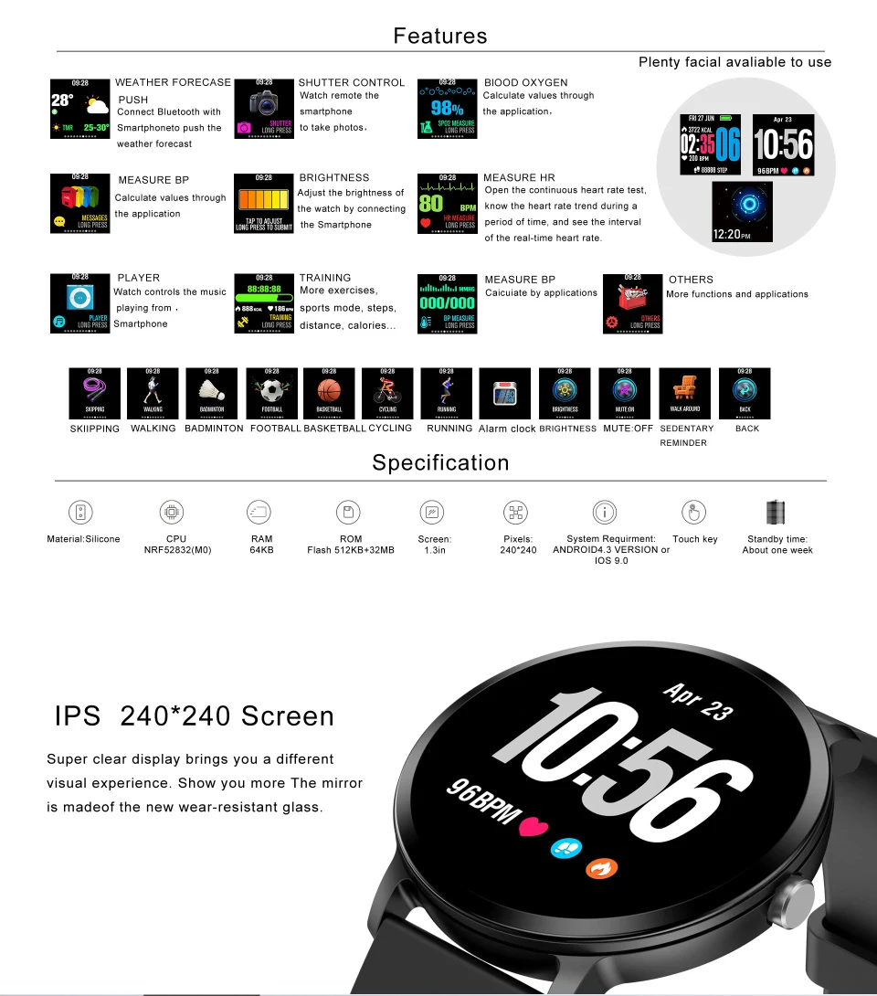 Sport watch smart tempered glass, waterproof, Android IOS Features