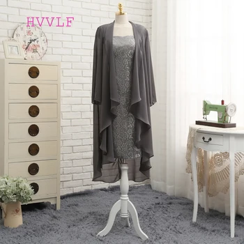 

Gray 2019 Mother Of The Bride Dresses Sheath Cap Sleeves Lace Short Wedding Party Dress Mother Dresses For Wedding With Jacket
