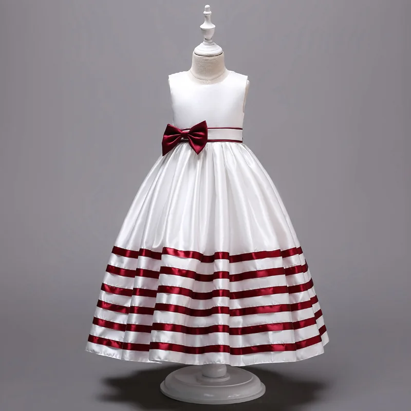 

New teen girls long dress striped satin simple dress children bow elegant princess dress children party host costume summer
