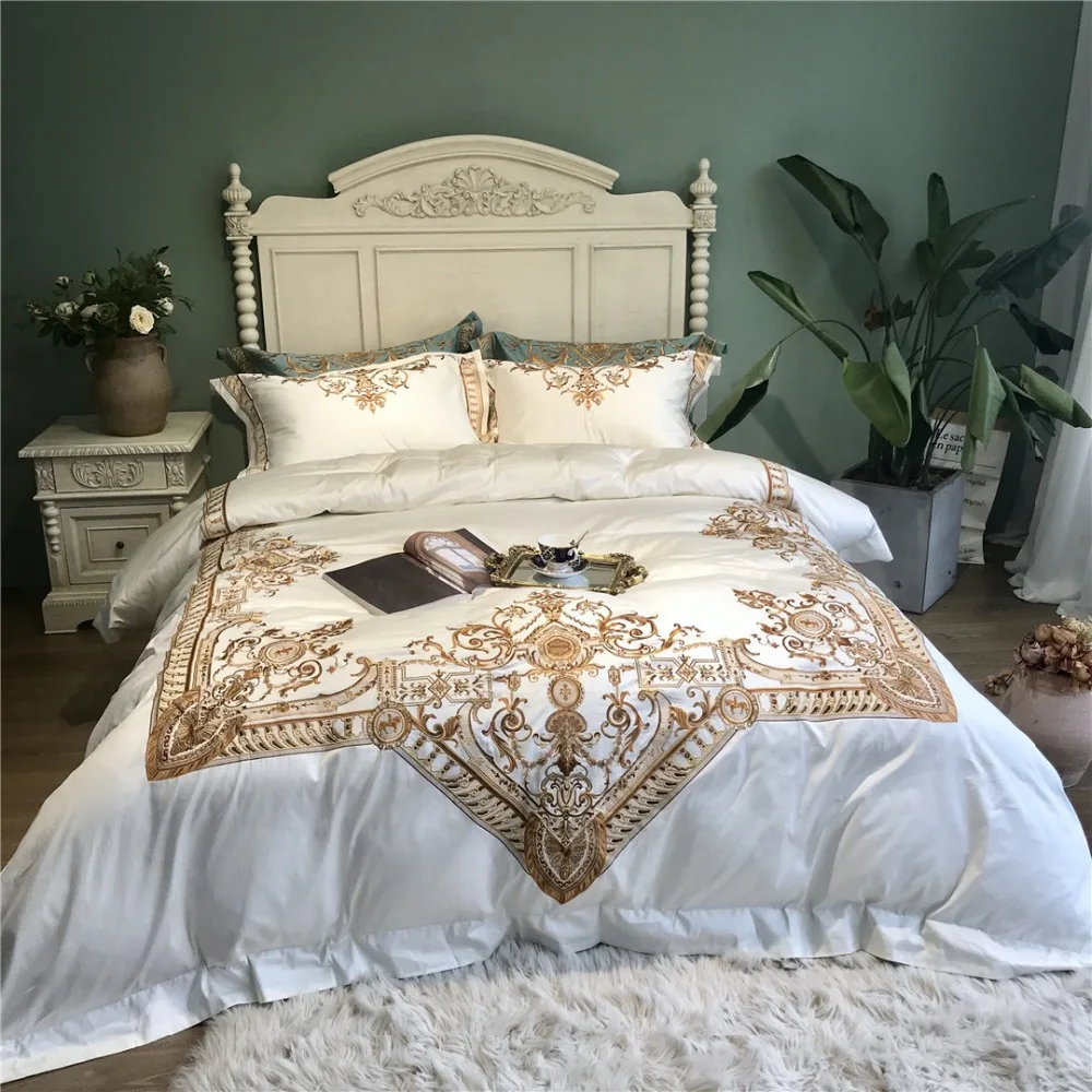 White luxury Embroidered 120S Egyeptian cotton Royal Bedding sets Queen