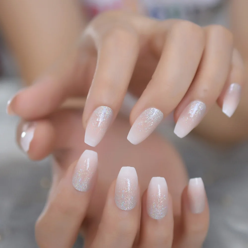 Holographic Silver Glitter Acrylic Nails Ombre French Fake Nails Coffin Shape Nude Nail Art Tips Pre Designed False Nails Aliexpress