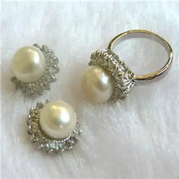 

Black Pearl TAHITI Noblest Natural White Akoya Cultured Pearl Ring + Earrings Jewelry Set