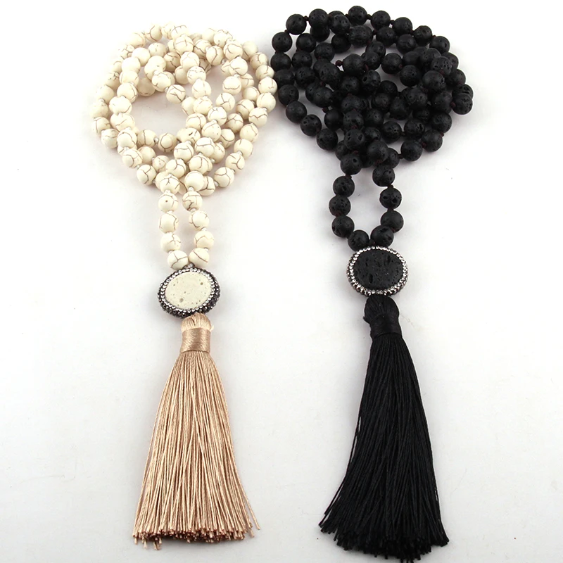 Богемное этническое ювелирное изделие, модное ожерелье с длинной кисточкой из черной лавы/белых камней