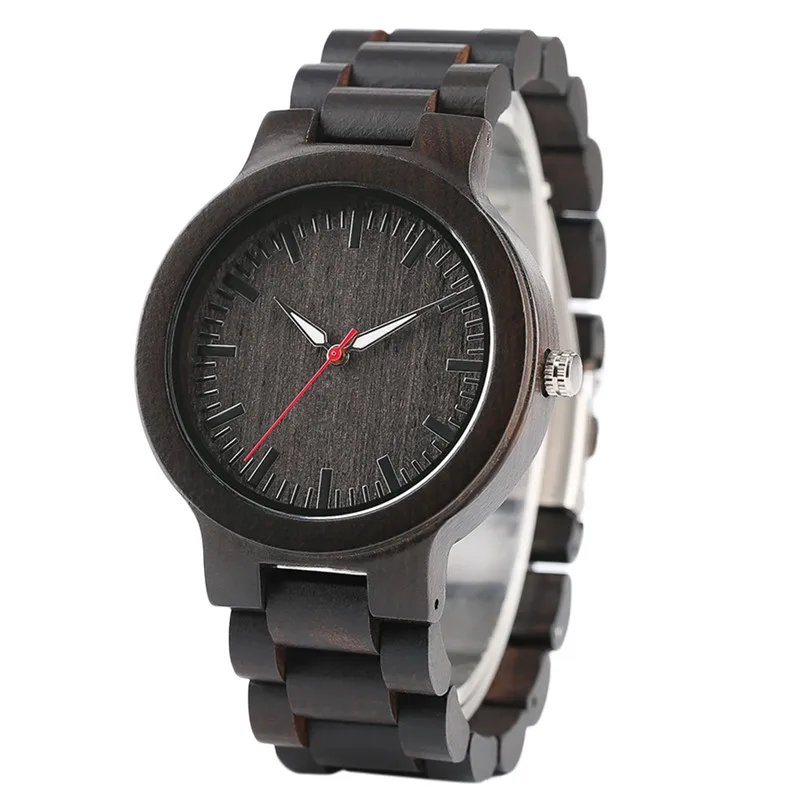Classic Simple Ebony Quartz Watch Men's Wristwatch Solid Wooden