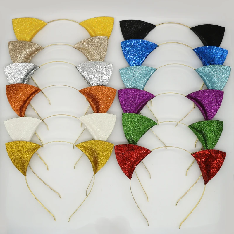 

12PC/Lot Wholesale Glitter Cat Ear Hairband Headband For Women Girls Quality Metal Hair Hoop Headdress Gold Bezel With Ear