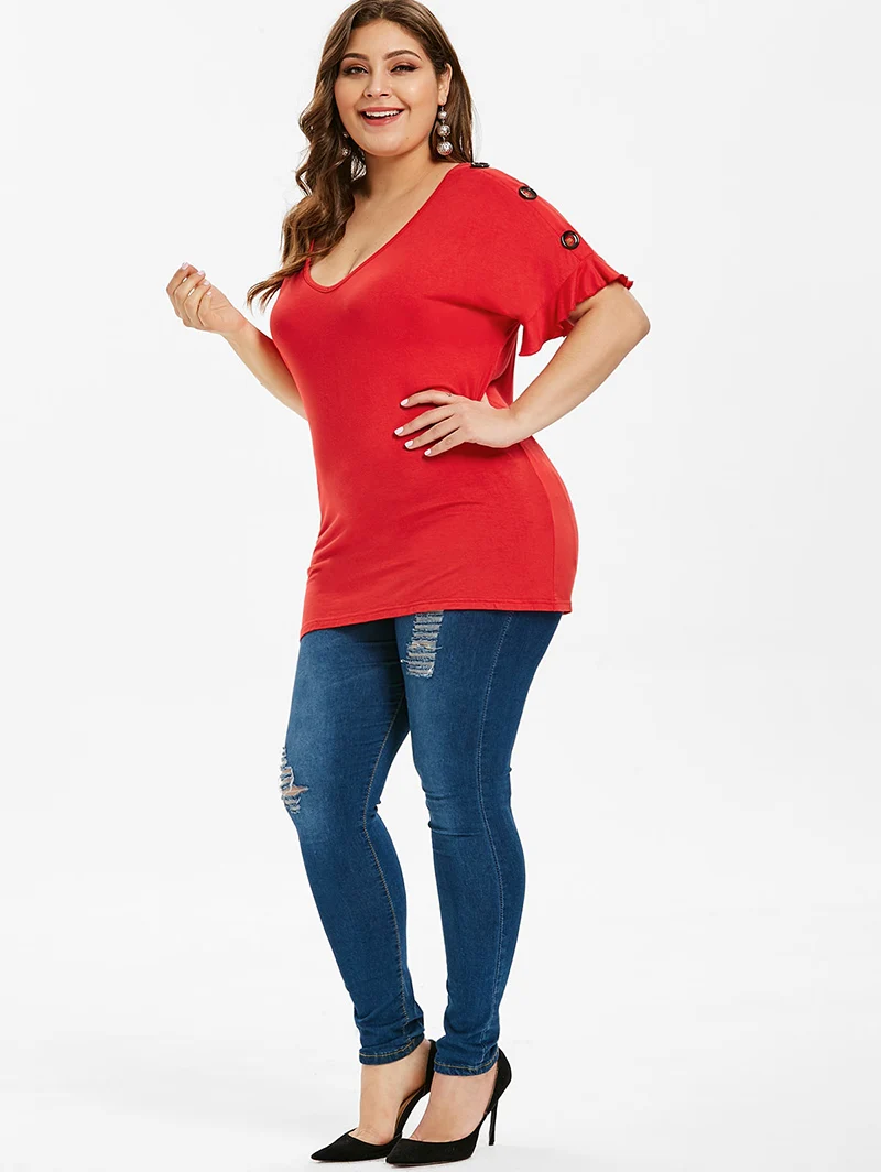 PlusMiss размера плюс 5XL летние футболки с коротким рукавом с оборками женские красные повседневные Туники на пуговицах топы футболки женские XXXXL XXXL XXL