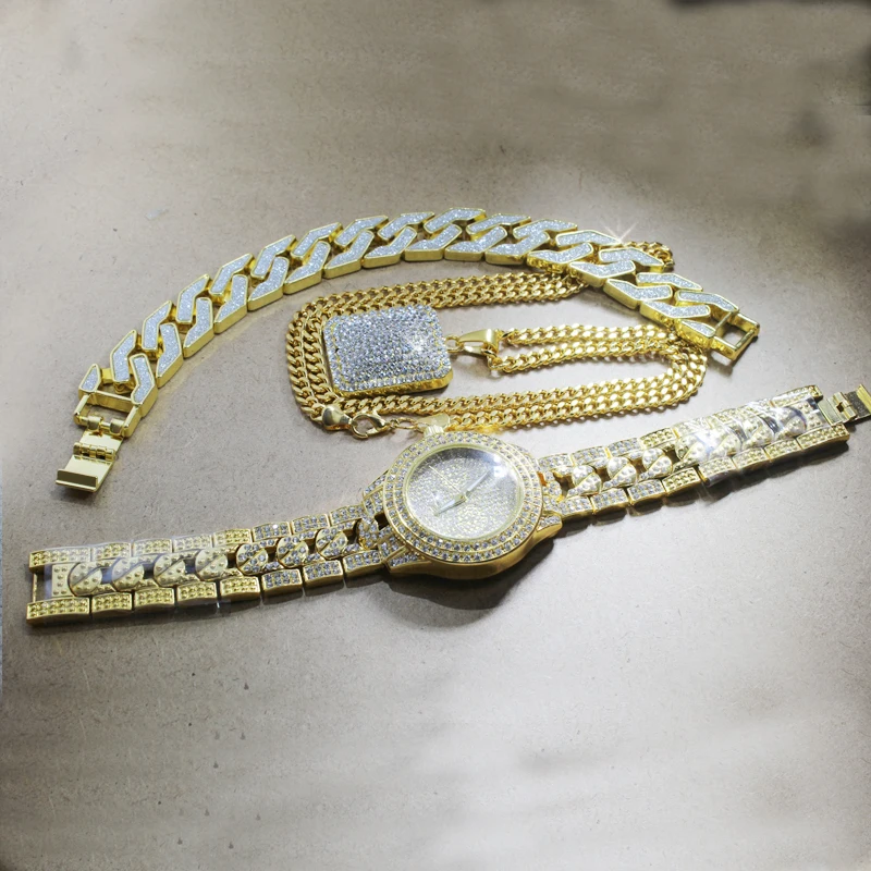 Karopel мужские холодные хип-хоп золотые часы с фианитами и полным ледяным ожерельем и браслетом комбинированный набор