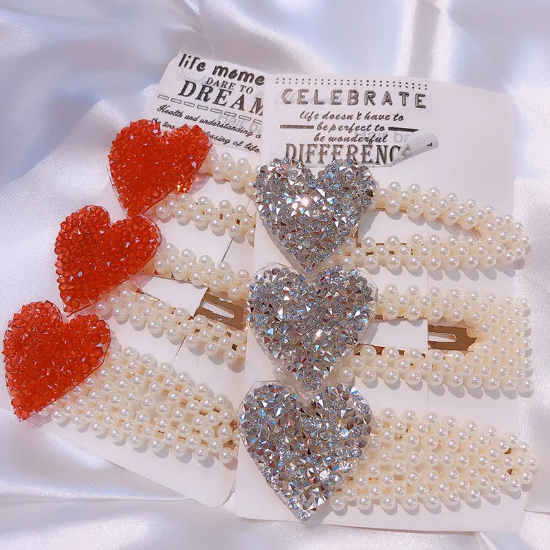 

HZ 2019 New Korea Imitation Pearls Hair Clip Rhinestone Barrettes Heart Sweet Hair Grip Hairpin Hair Accessories for Women Party