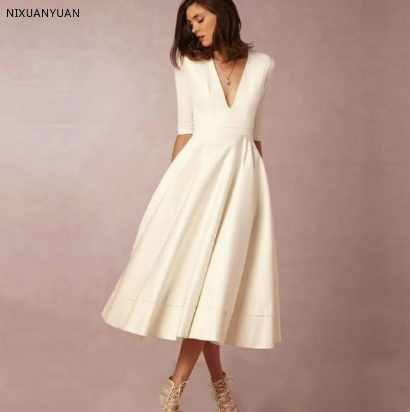 v neck tea length wedding dress