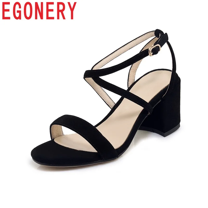 

EGONERY 2019 fashion casual date shoes woman summer black Kid Suede sandals 7 cm square heel plus size 34-40 ladies party