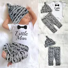 3 peças infantil bebê recém-nascido roupas menino conjunto de impressão carta pouco homem macacão + calças + chapéus do bebê macacão conjunto 0-18m