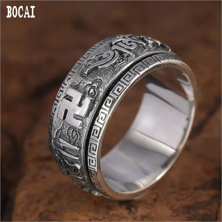 

Real 925 solid sterling silver retro Thai silver jewelry characters six-word mantra men's good luck ring