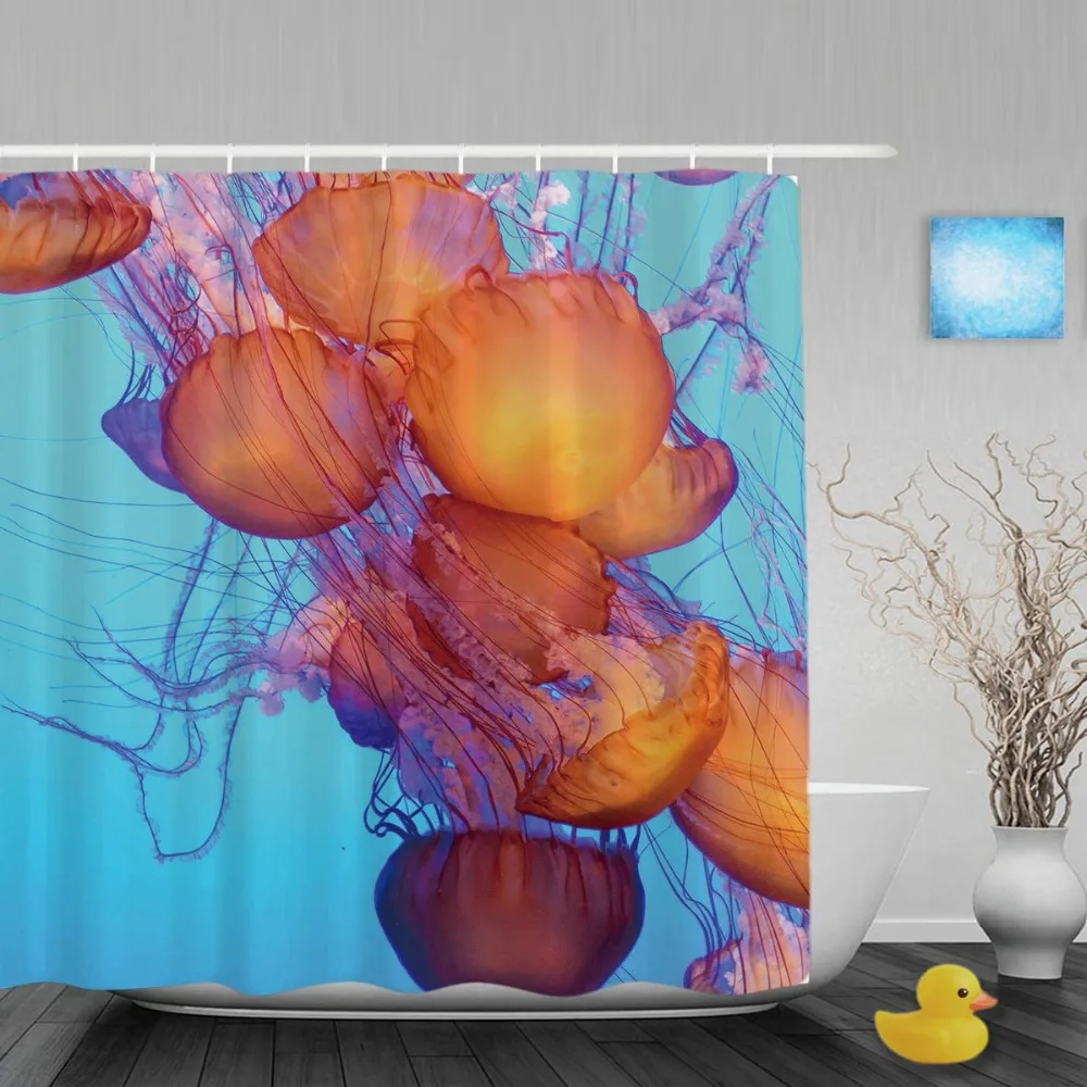Orange Jellyfish Floating Bathroom Shower Curtain Swimming In Blue