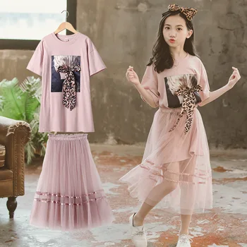 

2019 summer kids girls clothing sets 2 pieces t-shirt +skirts teenager fashion