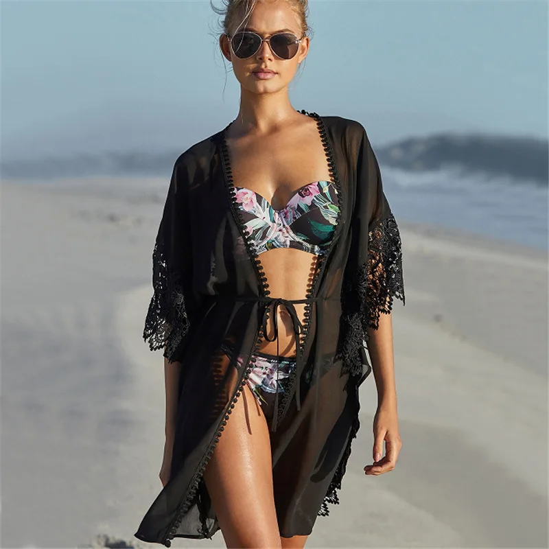 

Pareo Beach Tunic Swimwear Women's Cover Up Swimsuit Tunics For Swim Suit Woman Long Sleeve Lace Dress Sexy Smock Upper Garment
