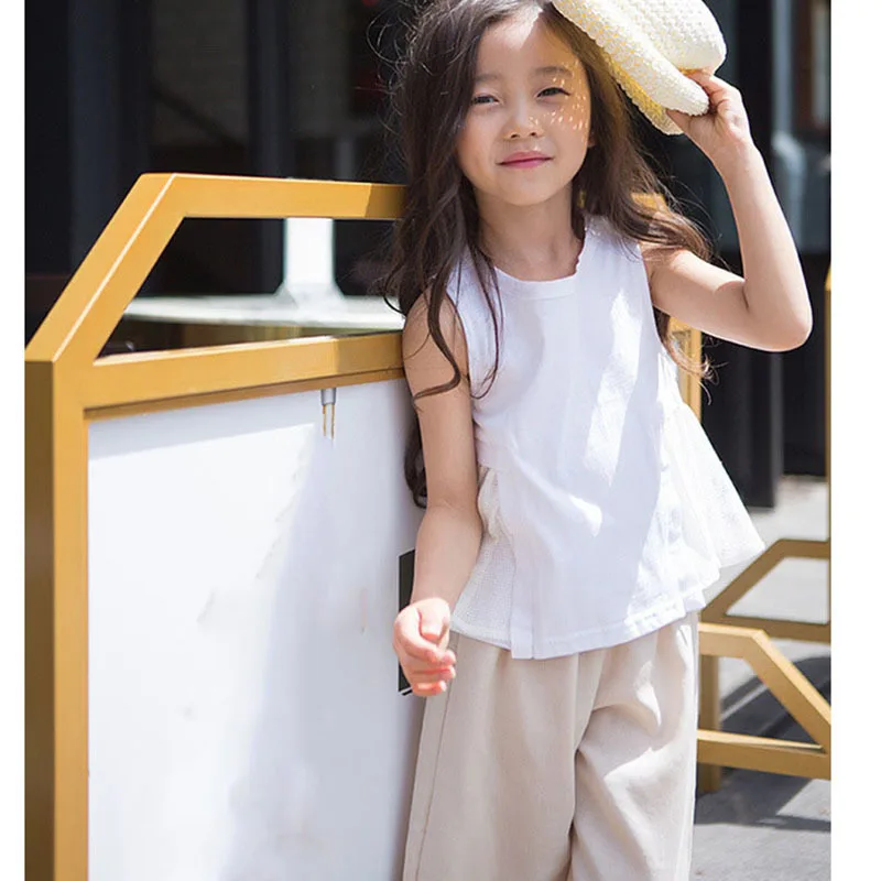 

2 piece little girls pants set summer style kids clothes big children clothing set white vest tops and loose pants suits 2018