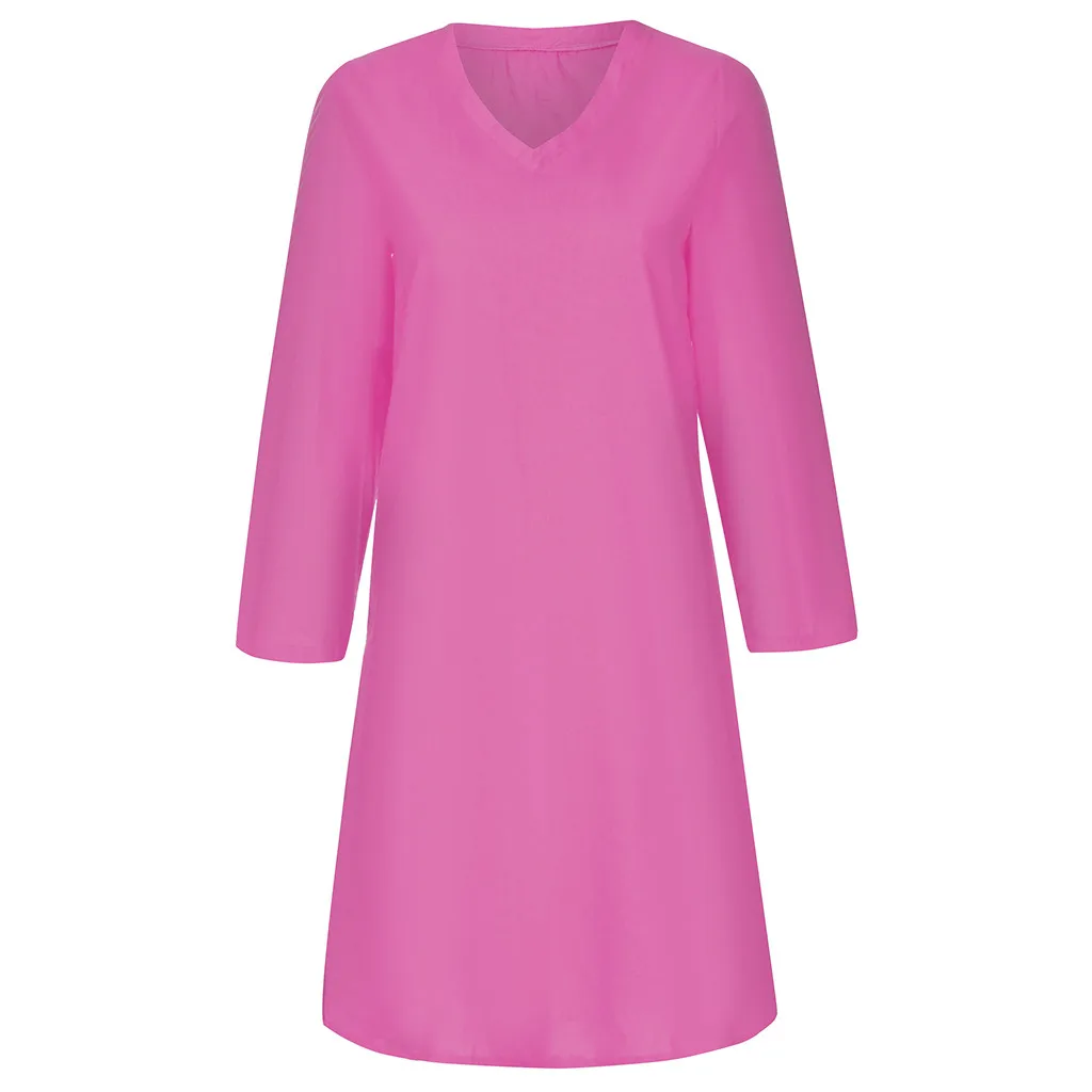 Женское платье большого размера, свободное однотонное платье с длинным рукавом, хлопок, лен, длина до колена, платья для вечеринок, повседневные женские платья, vestidos S-5XL - Цвет: Hot Pink