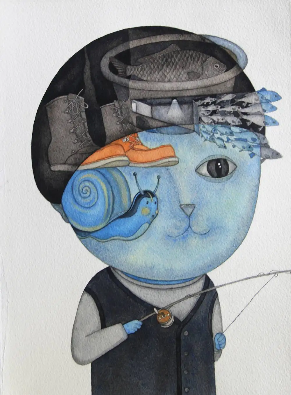 

Chinese Artist Zou Liangping's Work"The Kitten Who Went Fishing" Watercolor Painting Wall Pictures for Living Room Surreal