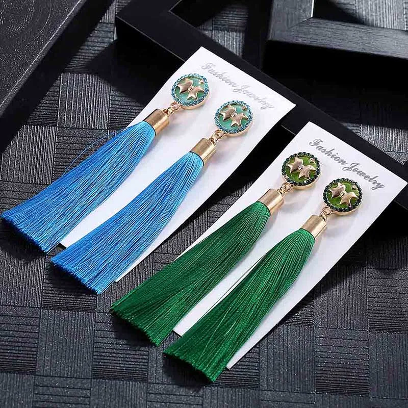 IMG_4187 Trendy Drop Earrings ButterflyWomenLongBohemianBlueSilkBalckDangleMetalBohoGold Tassel Earrings 2018 Jewelry